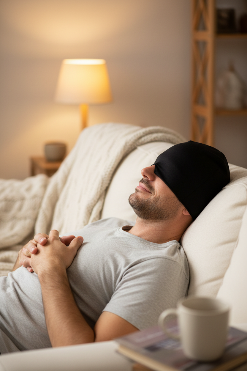 Man enjoying migraine relief cap